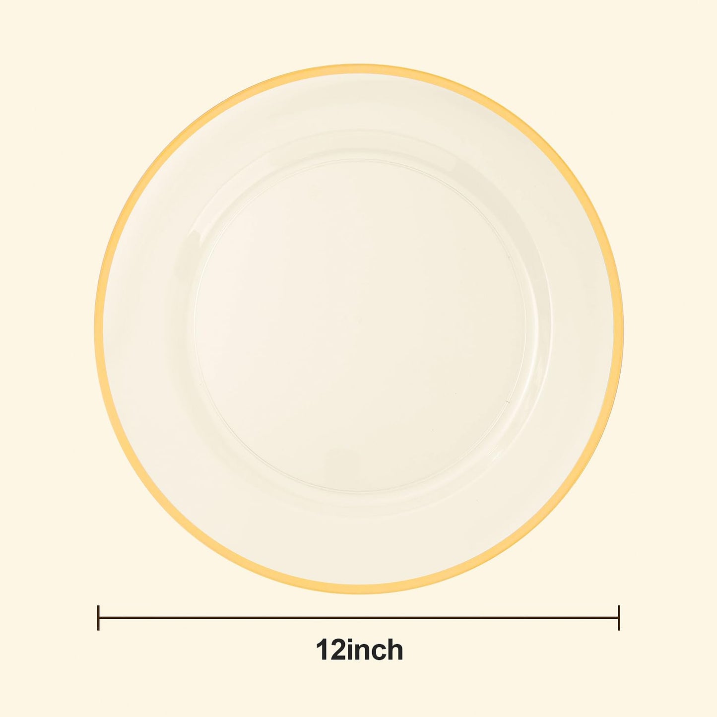BESTSTAR 12 Inch Disposable Decor Charger Plates, 50 Pack Plastic Clear Plates with Gold Rim, Perfect Table Decor for Party, Wedding, Dinner
