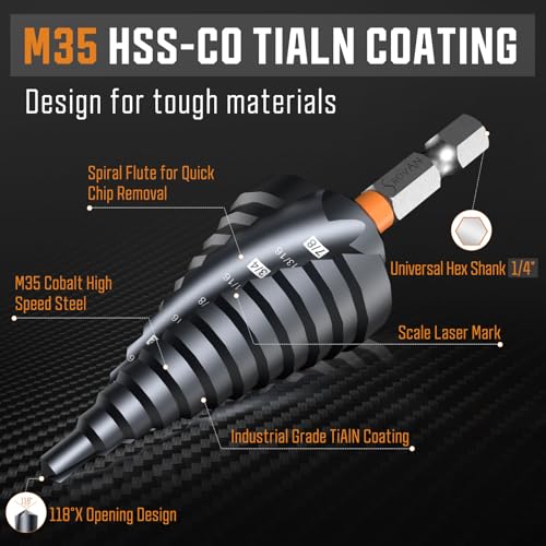 3PCS Unibit Step Drill Bit Set (1/4"-7/8"), M35 Cobalt, TiAlN Coated for Superior Durability, Spiral Cone Drill for Stainless Steel, Sheet Metal, Aluminum & Plastic
