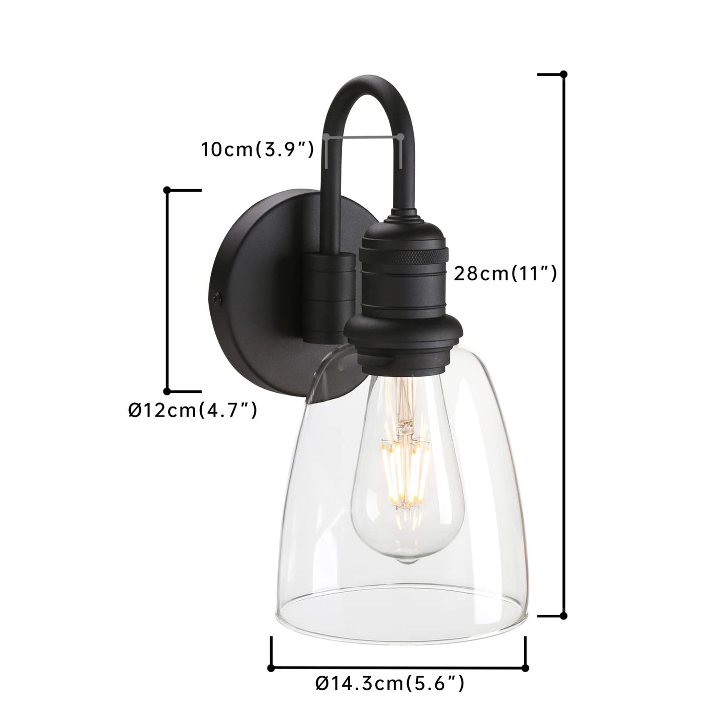 JIMUBEAM 1-Light Vintage Gooseneck Wall Sconce Lamp with Cloche Clear Glass Shade, Industrial Indoor Wall Light Fixture for Bathroom Living Room Bedroom Over Kitchen Sink