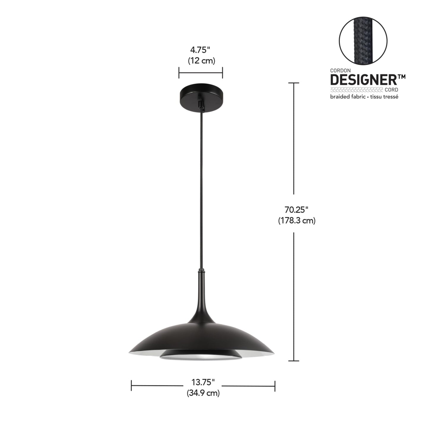 GLOBE Novogratz x Electric 67000104 Novogratz x 14W LED Integrated Glossy Black Pendant Lighting with White Interior Shade and Black Cord