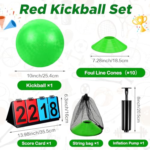 Jenaai 18 Pcs Sports Kickball Set Includes Playground Ball 5 Rubber Throw Down Bases Ball Pump Scoreboard Net Bag 10 Foul Line Cones for Adults Playground Backyard Game(10 Inch,Green)