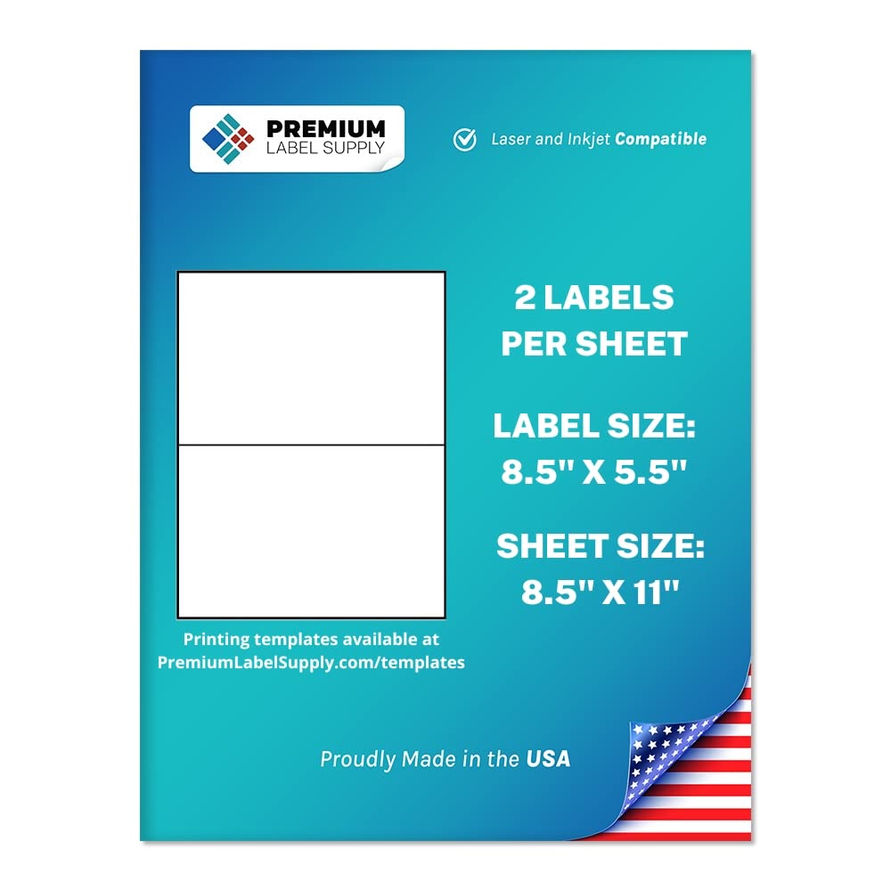 Premium Label Supply White Sticker Half Sheet Labels – 8.5" x 5.5" – Laser/Inkjet Compatible – (2 per Sheet), 200 Sheets - 400 Total Adhesive Labels