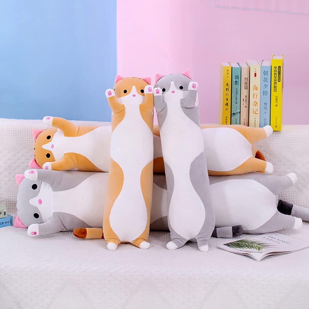 Cute Cat Plush Long Body Pillow Cuddle Cartoon Stuffed Animals Cat Plushie Soft Doll Pillows Gifts for Kids Girls (Orange, 51")