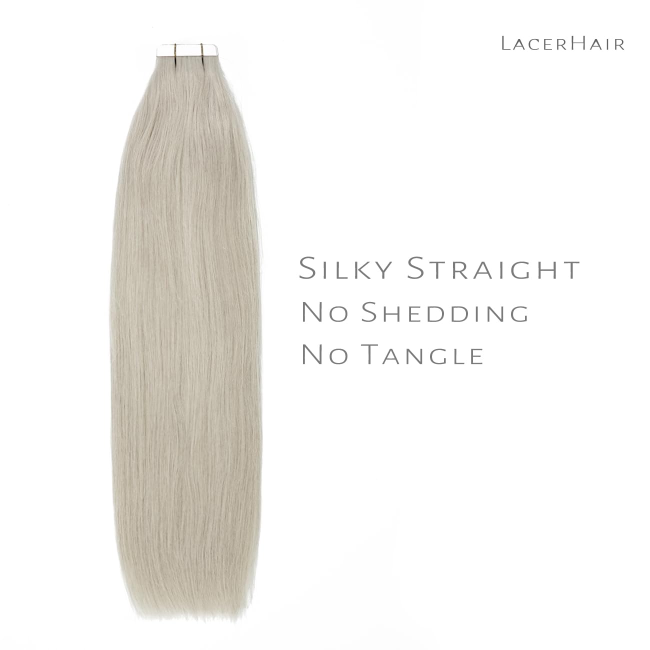 Lacer Tape in Hair Extensions Silky Straight Silver Grey Adhesive Tape in Hair Extensions 100 Percent Remy Human Hair Soft Glue in Brazilian Hair Extensions 20 Pcs 50 Grams 22 Inch
