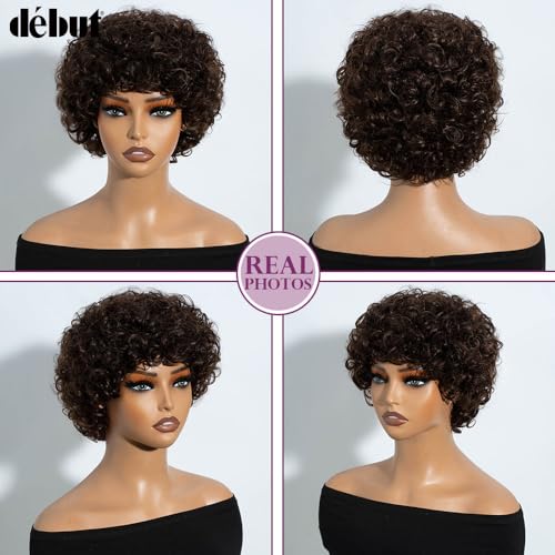 DÉBUT Short Curly Wigs with Bangs 100% Human Hair Afro Curly Glueless Wigs for Women Loose Curls Wear&Go Non Lace Front Wig (Medium Brown)