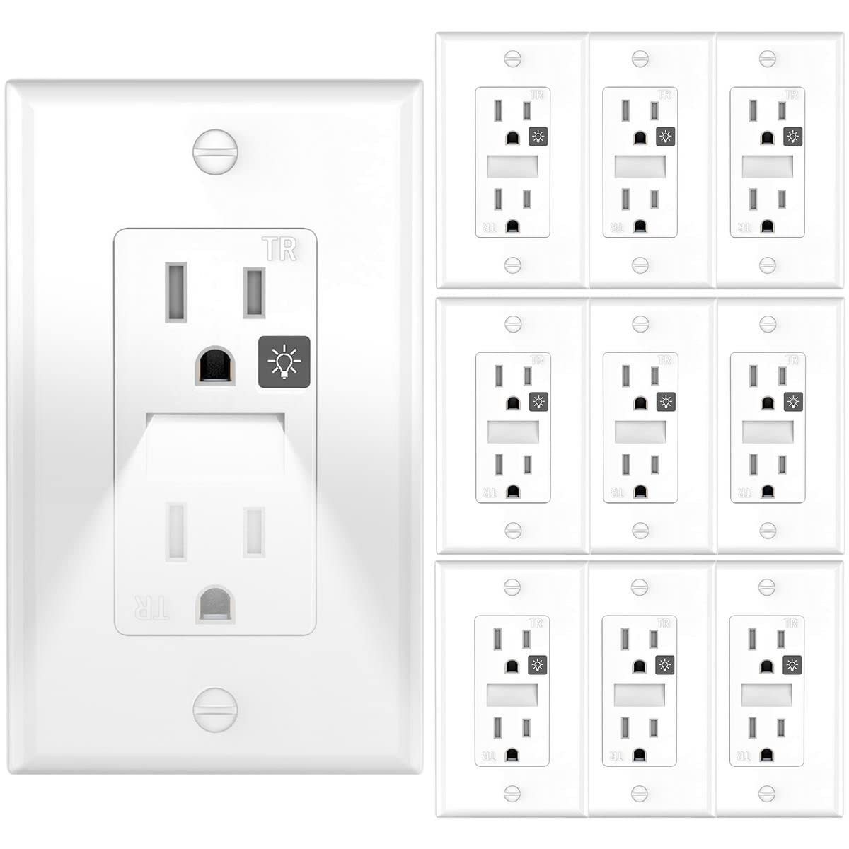 SOZULAMP White Outlets Receptacles with Night Light,Electrical Tamper Resistant Wall Outlet 15 Amp 125Volt, Nightlight Wall Outlet with Covers Wall Plate(10 Pack)