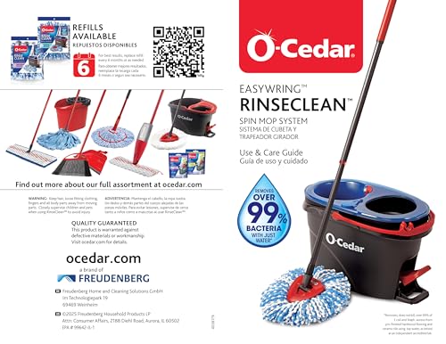O-Cedar RinseClean Spin Mop & Bucket System + 2 Extra Mop Heads| Clean with Water | Removes 99% of Bacteria Plastic