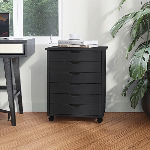 Linon Corinne Black Six Drawer Wide Rolling Storage Cart