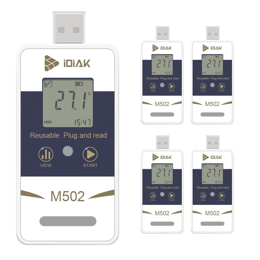 iDiAK M502 Temperature Data Logger USB Temp/Humidity Recorder with PDF and Excel (Reusable) Refrigerator Thermometer 14400 Points High Accuracy (no delay - 5 Pack)