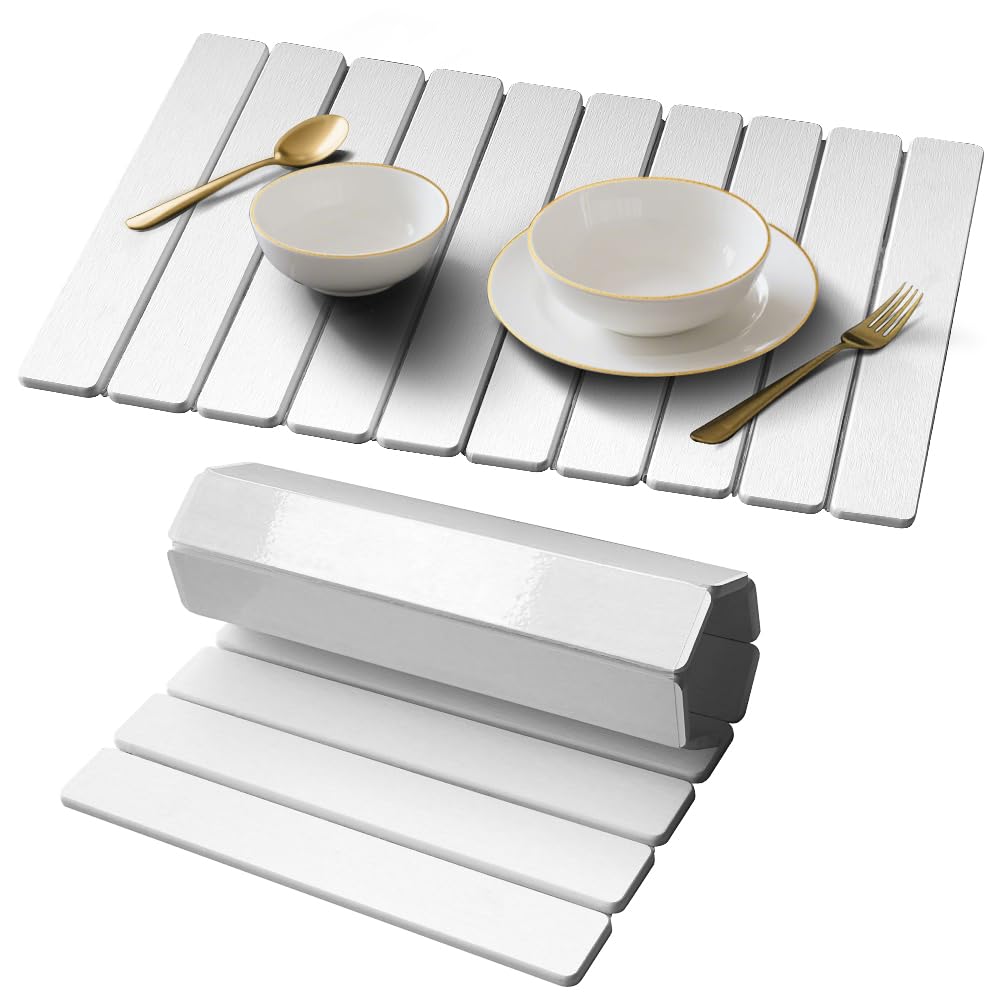 Stone Drying Mat for Kitchen Counter, Quick Diatomaceous Earth Mats for Dishes, 24"L x 16" W Super Absorbent Fast-Drying Collapsible Countertop Stone Mat (White, 24" x 16")