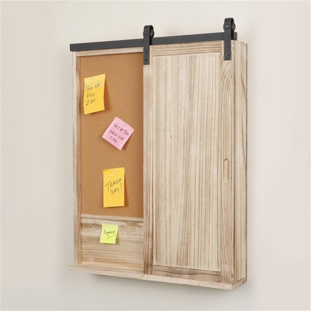 American Furniture Classics OS Home and Office Solid Wood Barn Door Style Corkboard and Letter and Key Storage Wall Organizer, Distressed Natural Finish (52001)