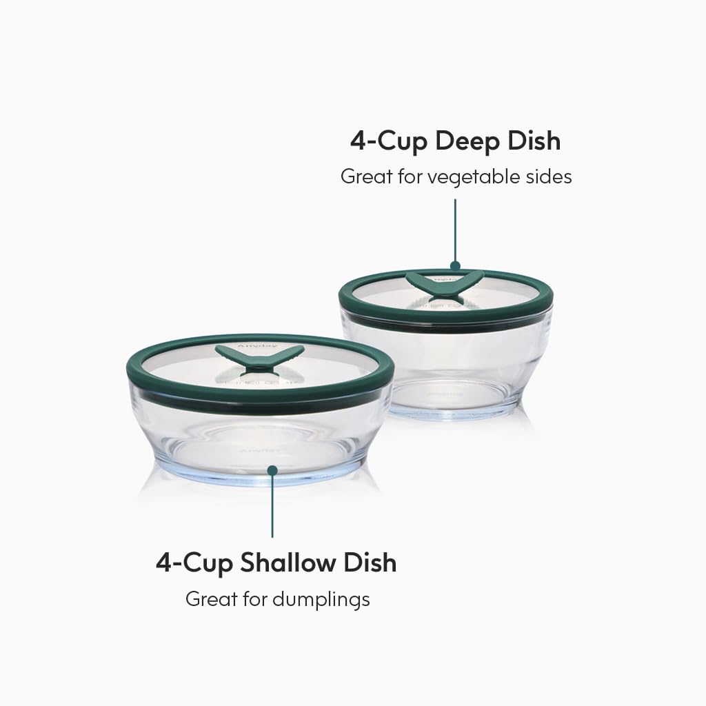 Anyday 4-Piece Medium Glass Food Storage with Glass Lids | Plastic-Free Meal Prep & Microwave Cookware | Stackable Airtight Storage Container with Vented Lid for Microwave-Safe Reheating