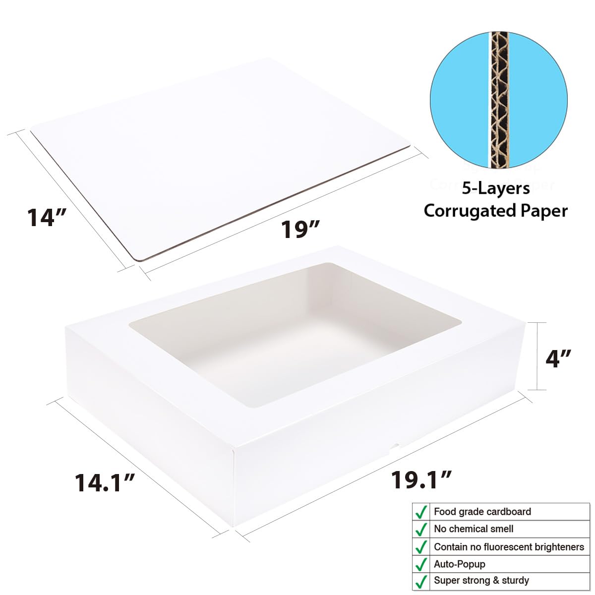 Huoshange 6 Pack 19x14x4 Inch Auto-Popup Large Rectangle Cake Boxes with Thick Cake Boards, Half Sheet Bakery Boxes for Pastry Baking,Cupcake,Muffins & Pie