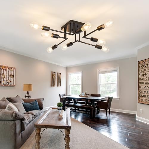 ASGYISA 8-Lights Semi Flush Mount Ceiling Light Fixture Modern Metal Black Sputnik Chandeliers with E26 Bulb Base Close to Ceiling Light for Kitchen Dining Room Living Room Hallway Bedroom