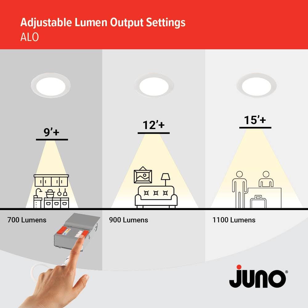 Juno LED Recessed Lights 4 Inch Round Baffle Wafer Downlight, 5-in-1 Switchable White Color Temperature, Adjustable Brightness, 120 Volts, 4-Inch Flat Trim, 6 Pack, Matte White