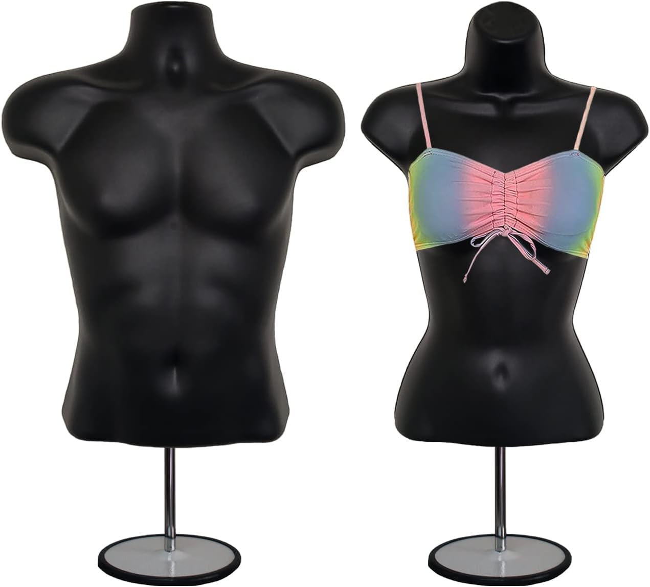 DisplayTown Male and Female Mannequin Torso with Metal Stand Hollow Back Body Stackable Dress Form for Tshirt Display, Countertop, Craft Shows, S-M Size (Black, Set of 1)
