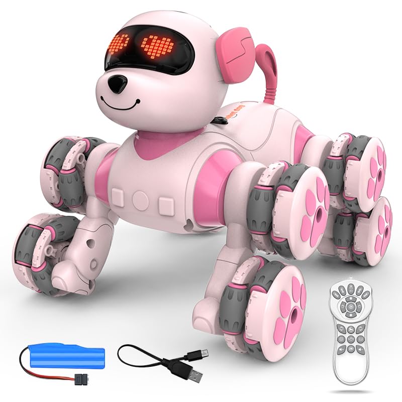 Paaxido 8WD Stunt RC Car Robot Dog Toys for Girls Age 3+, 2.4GHz Remote Control Car Dog Toys with LED Eyes, Smart Interactive Programmable Robot Toys Gift for Boys & Girls Age 3 4 5 6 7 8 Year Old