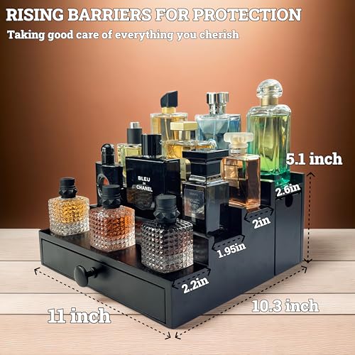 Wooden Cologne Organizer For Men 4 Tier Black | High Grade Velvet Lining and Stylish Gift Box | Double Side Compartment | Space Aid Cologne Holder | Perfume Display Stand | Men's Room Essential