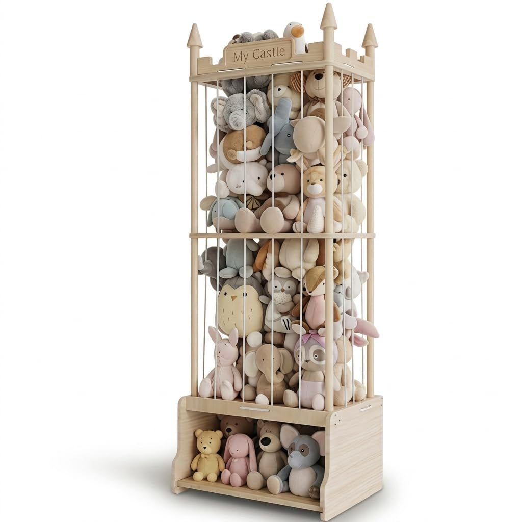 Topbooc Knot-Free Wooden Stuffed Animal Storage Tower with Pre-Installed Cords, Montessori Stuffed Animal Zoo Furniture with Castle Top & Toy Chest, 57" Hand-Sanded Natural Wood (Montessori Castle)