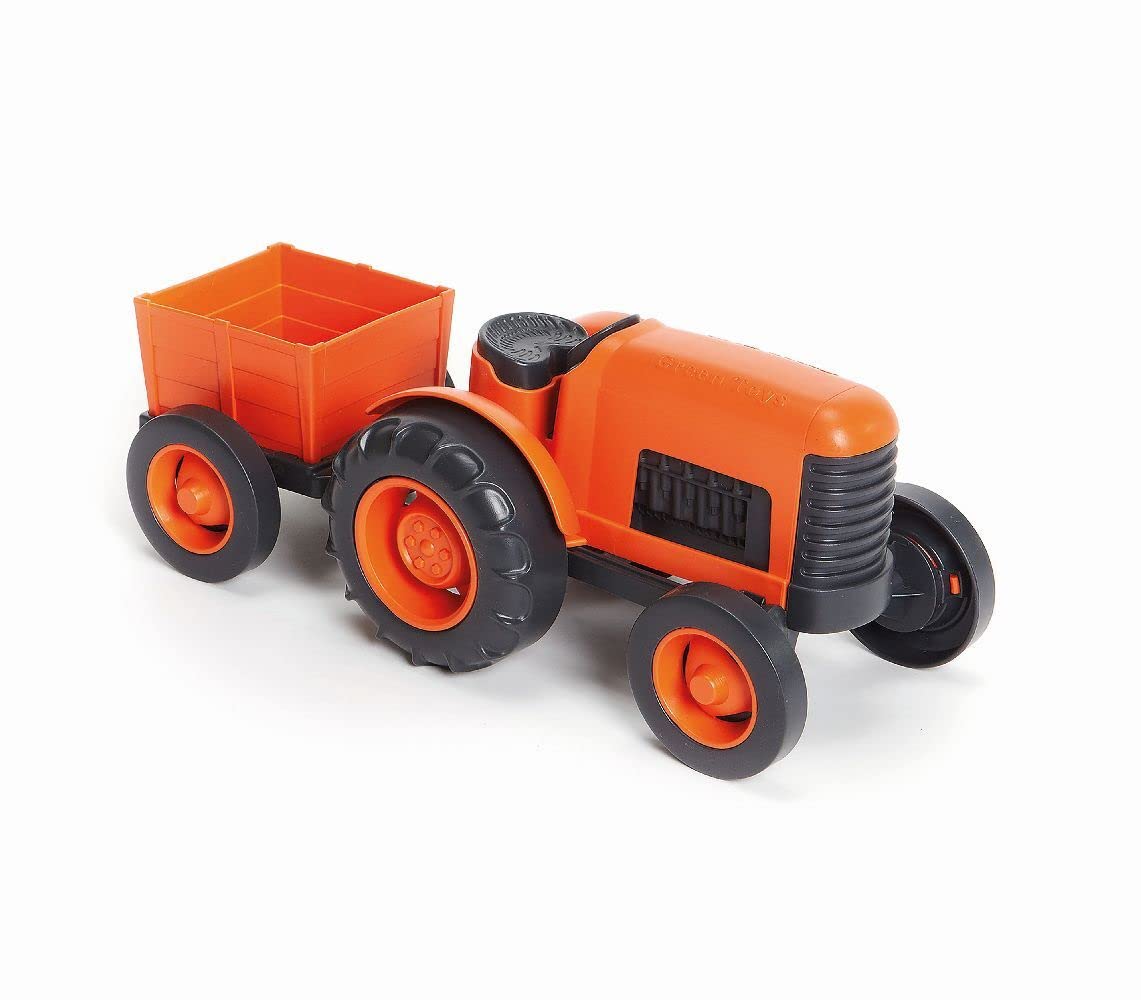 Green Toys Orange Tractor with Detachable Trailer Farm Toy for Toddlers, 100% Recycled Plastic, BPA-Free, Durable Indoor/Outdoor Vehicle, Eco-Friendly, Dishwasher-Safe, Ages 1+
