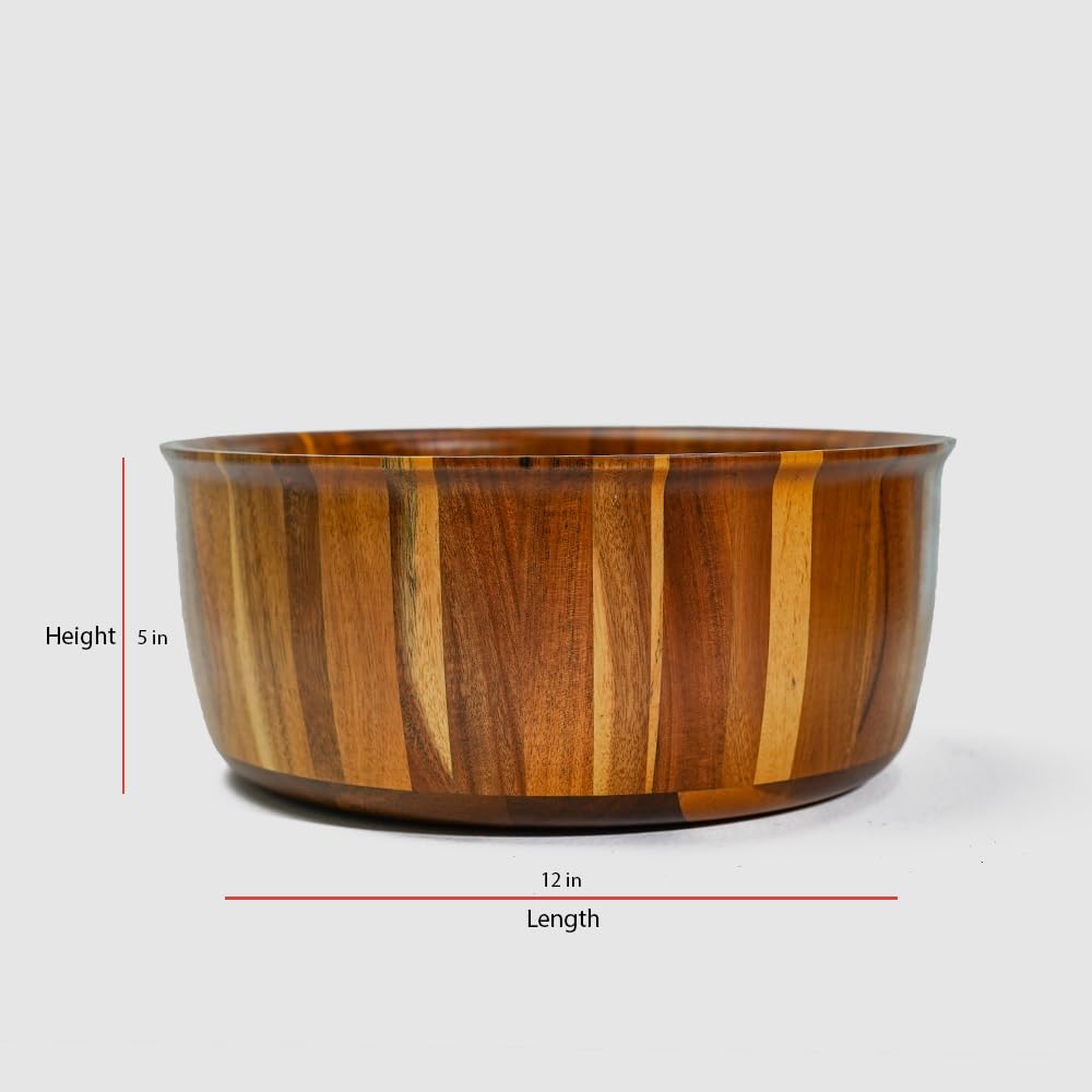 PRESTIGE NOOK Extra Large Wooden Salad Bowl - 12“ x 5” Acacia Wood Serving bowl with 2 servers, Large Fruit bowl for food with serving utensils, Housewarming Wedding Christmas Gift