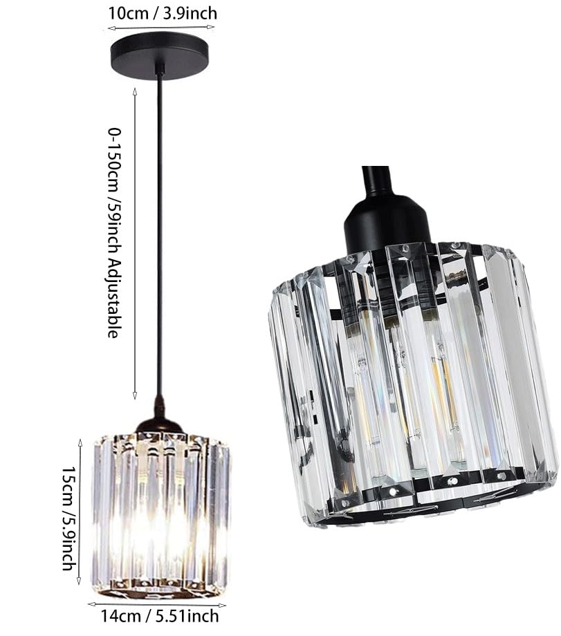 1 Pack Glass Pendant Light Battery Operated with Remote, Rechargeable Wireless Hanging Light Black, Battery Powered Pendant Lamp Small Crystal Glass Chandelier for Kitchen Dining Table Bedroom