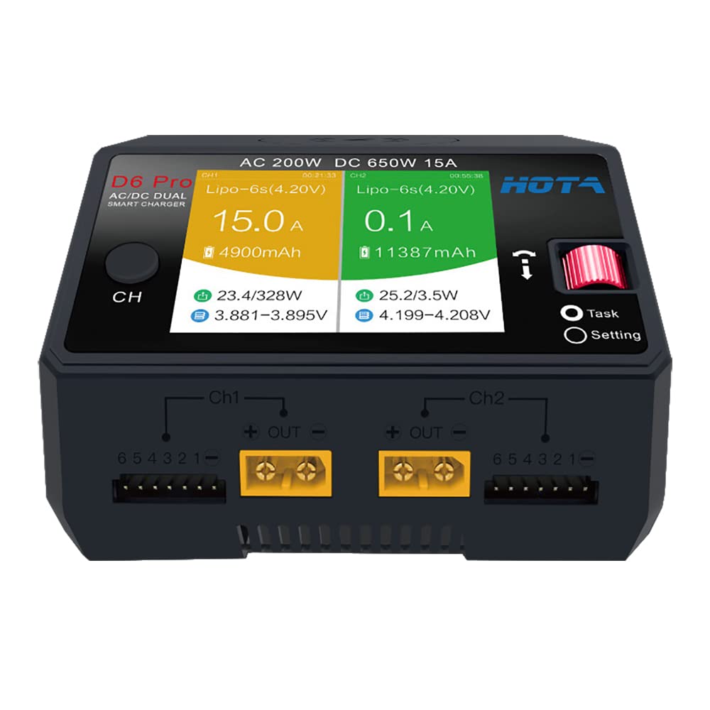 Alaohu HOTA D6 Pro Lipo Battery Charger AC/DC Dual Channel Smart Charger AC200W / DC650W (325W*2) 15A Balance Charger for RC Lipo LiHv Nicd NiMH Battery Charging RC Car RC Boat FPV Race Drone Parts
