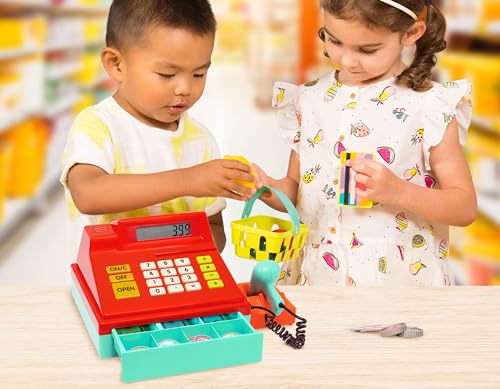Battat – Toy Cash Register For Kids, Toddlers – 49Pc Register With Toy Money, Credit Card, Scanner– Pretend Play Toy – 3 Years + – Red Calculating Cash Register With Scanner