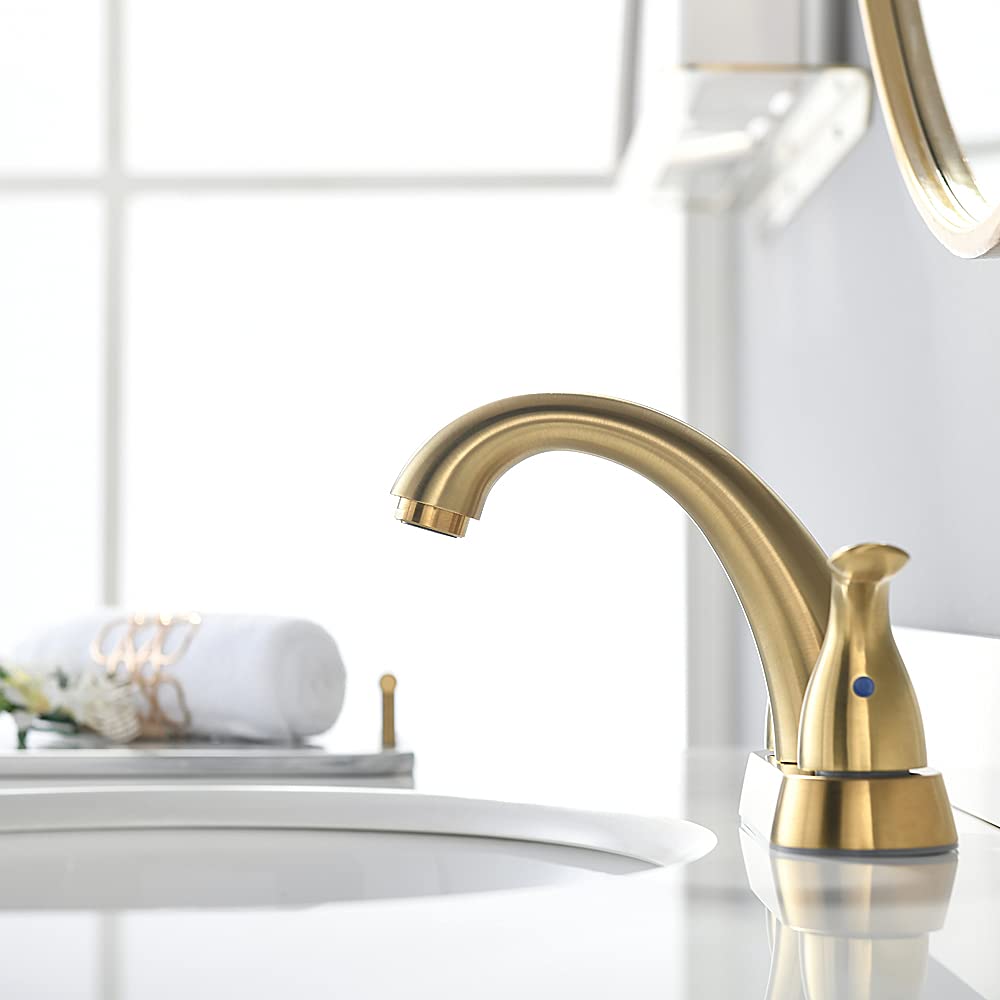 Phiestina Brushed Gold 4 Inch Centerset 2 or 3 Holes 2 Handle Bathroom Faucet, Bathroom Faucet with Copper Pop Up Drain and Water Supply Lines, BF008-5-BG