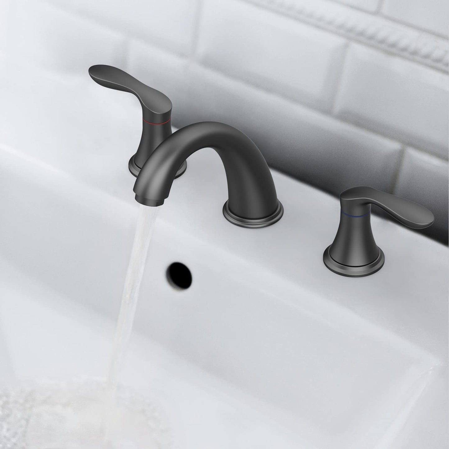 Bathroom Sink Faucet, Faucet for Bathroom Sink, Widespread Matte Black Bathroom Faucet 3 Hole with Stainless Steel Pop Up Drain and cUPC Lead-Free Hose - (Matte Black)