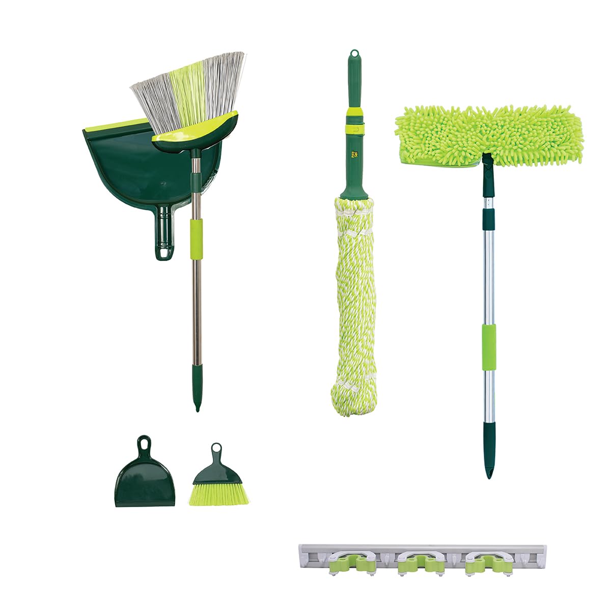 Pine-Sol Broom & Mop Cleaning Set - All-in-One Floor Cleaning Kit with Angled Broom and Dustpan, Twist & Microfiber Mops, Mini Dustpan with Brush, and Wall Mount Storage Rack - 7 Pieces