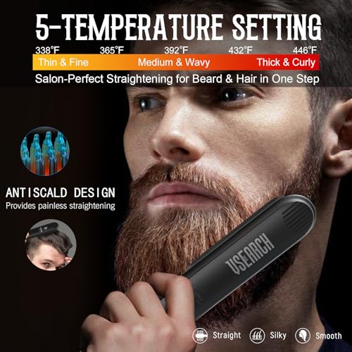 Beard Straightener for Men - 5 Temperature Setting, Anti-scalding, Heated Beard Styling Comb- The Perfect Beard Grooming Kit for Medium to Long Beards - Ideal Father's Day Gift