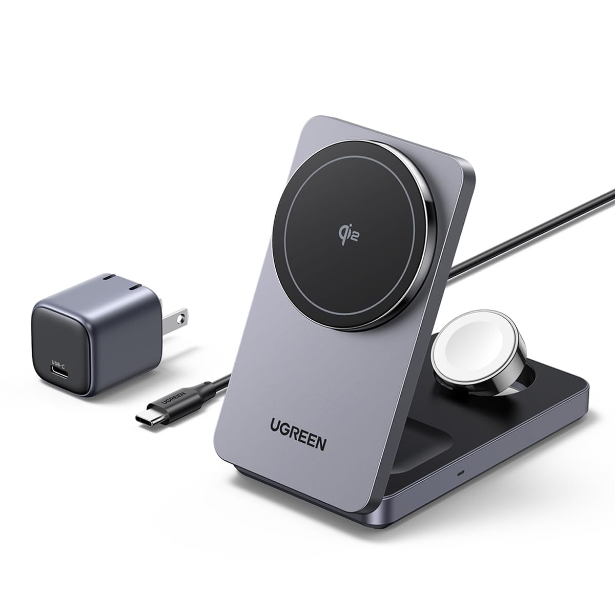 UGREEN MagFlow Qi2 3-in-1 Charger Station for iPhone 16, Foldable Wireless Charger Stand Compatible with iPhone 16/15/14/13/12 Series, AirPods 3/2/Pro, Smartwatch (Included 30W Adapter)