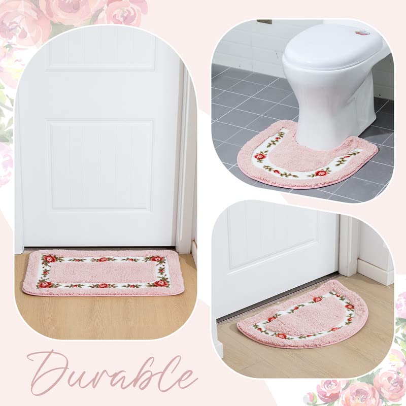 Timgle 4 Pcs Rose Flowers Coquette Bathroom Rugs Set Coquette Doom Decor Rose Flower Area Rugs Non Slip Absorbent Washable Door Mat Floral Bathroom Carpet for Home Hotel, 4 Shapes(Pink)