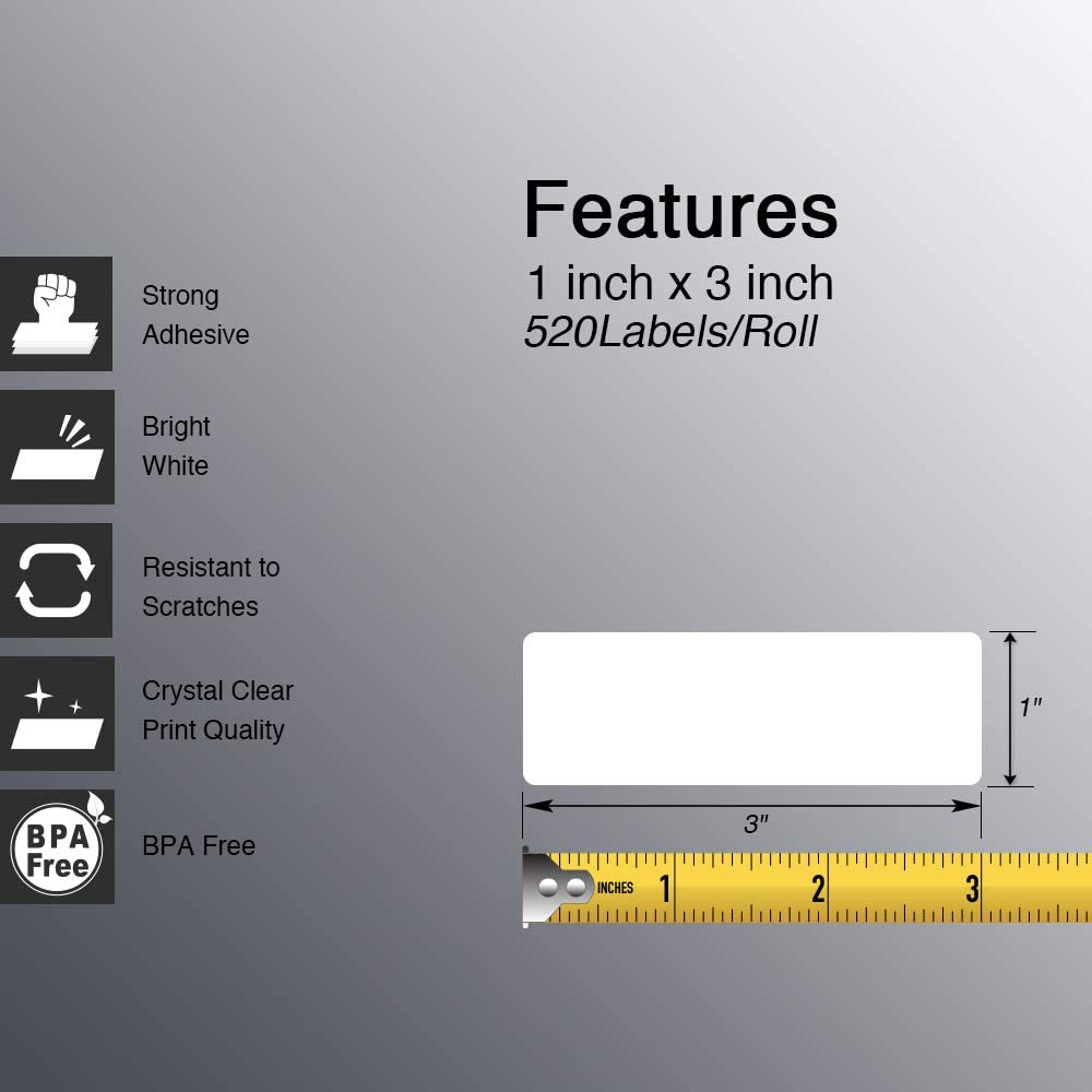 BETCKEY - 1" x 3" (25 mm x 76 mm) Barcode & Address Labels Compatible with Zebra & More Label Printer,Premium Adhesive & Perforated [10 Rolls, 5200 Labels]