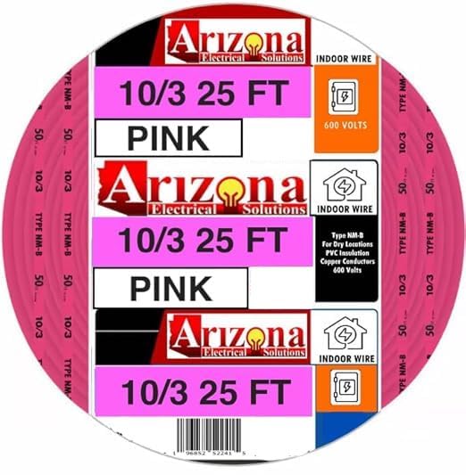 25 FEET 10/3 Type NM-B Copper Wire. #10 AWG, 3 Conductors with Ground. Insulated Jacket Pink