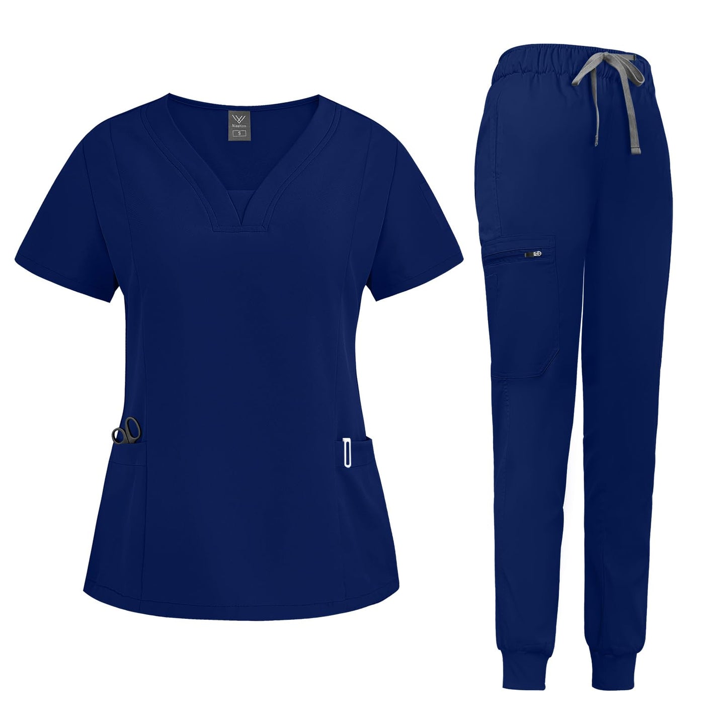niaahinn Scrub for Women Set - Modern V-neck Scrub Top & Jogger Pants with Drawstring, Anti Wrinkle, Yoga Waistband (Navy Blue,S)