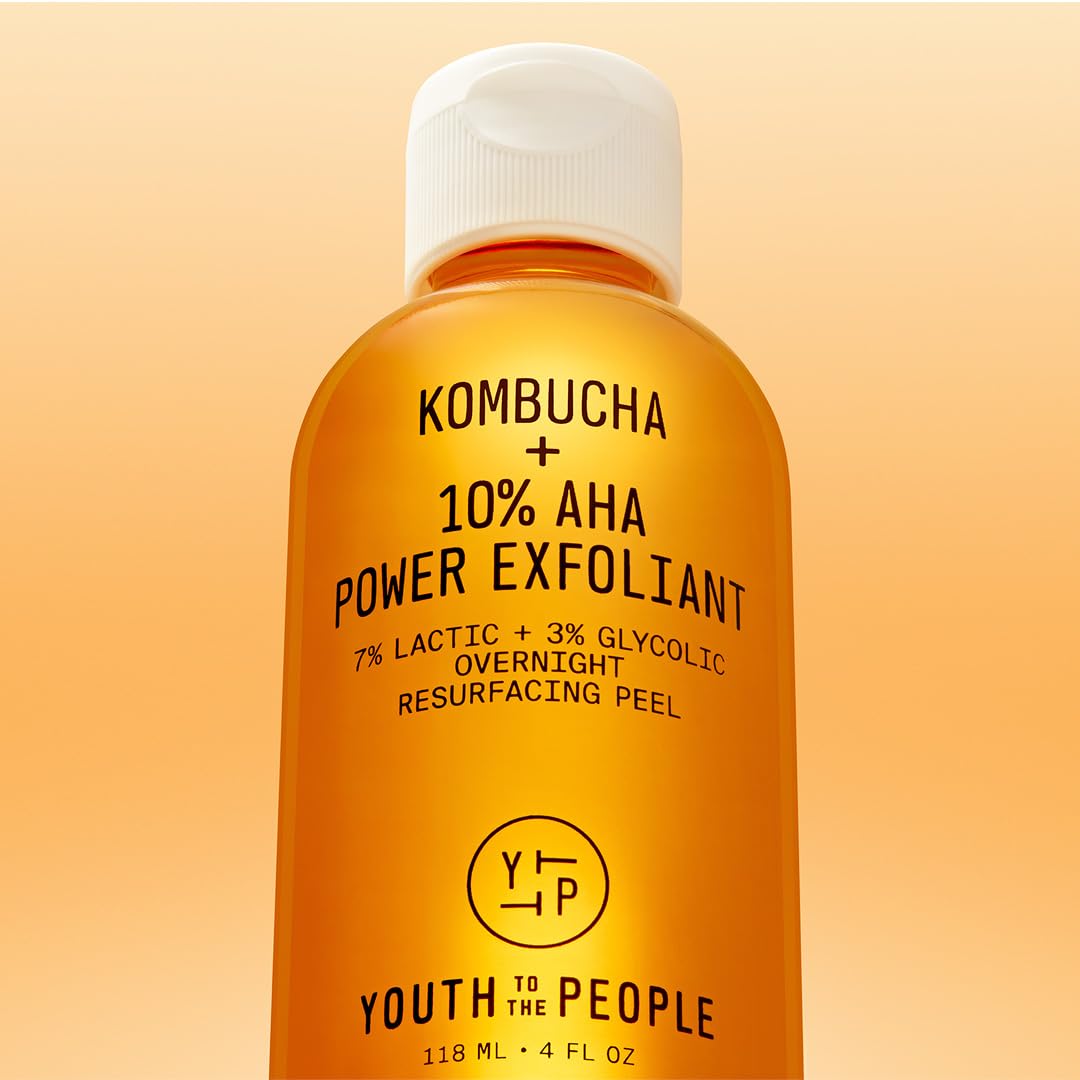 Youth To The People Kombucha + 10% AHA Power Exfoliant (4 fl oz), Overnight Resurfacing Peel, Helps Fade Discoloration + Smooth Skin Texture, Lactic + Glycolic Acid, Fragrance-free, Vegan