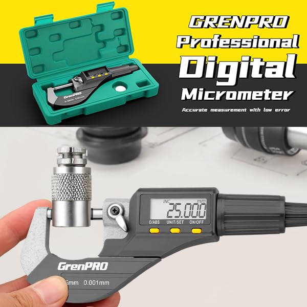 Digital Micrometer Measuring Tool, Professional Inch/Metric Precision Thickness Gauge with Extra Battery, DIY and Household Use 0.00005"/0.001 mm Accuracy Micrometers Machinist Tools