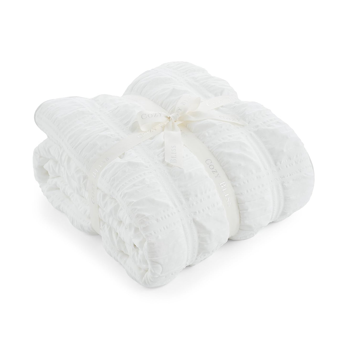 Cozy Bliss Cooling Comforter Queen Size Seersucker Plaid, Q-Max 0.4 Reversible Lightweight Cooling Blanket, Breathable Silk Smooth Summer Bedding Quilt for Hot Sleepers Night Sweats White