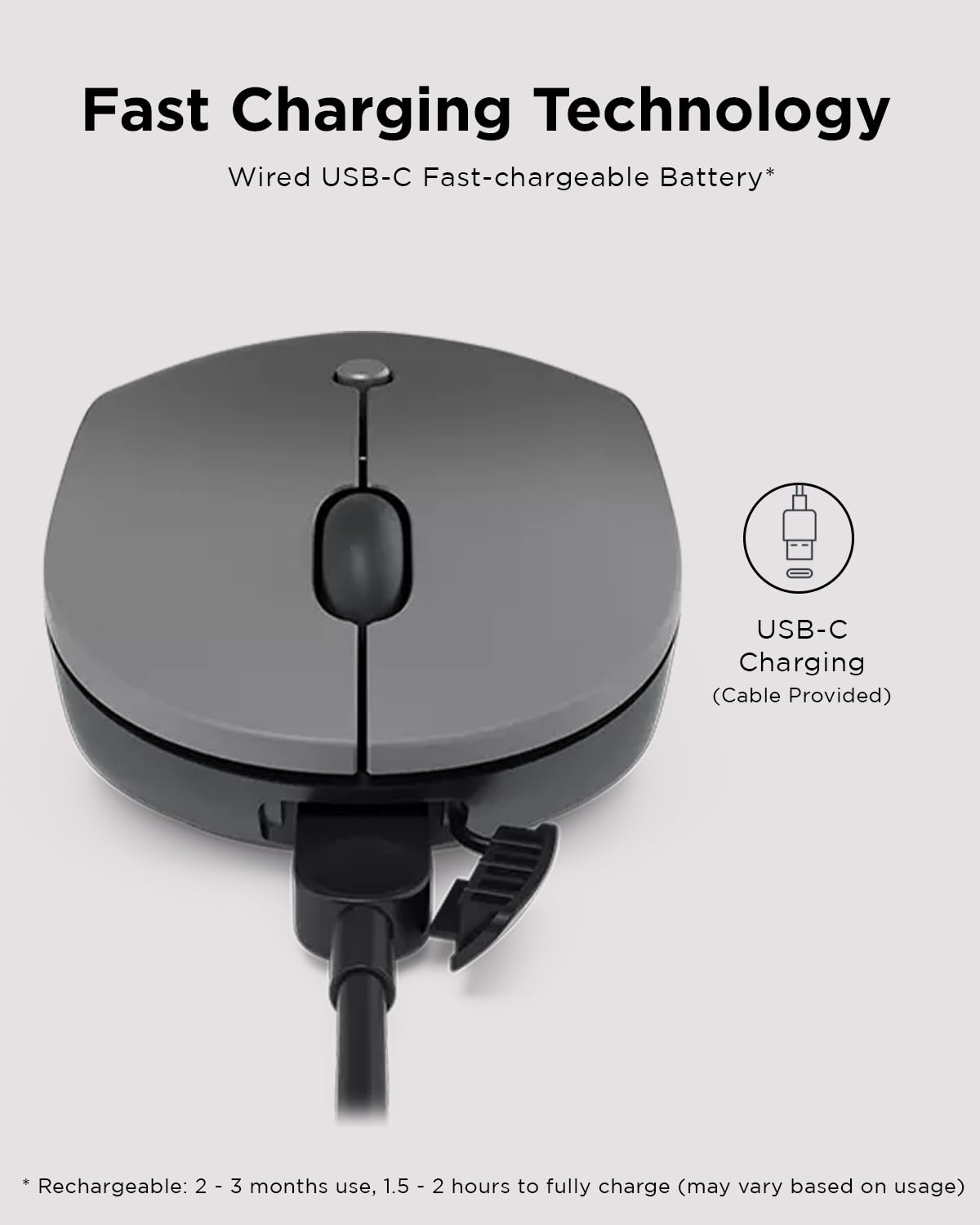 Lenovo Go USB-C Essential Wireless Mouse, 2.4 GHz Nano USB-C Receiver, Adjustable DPI, Rechargeable Battery, Ambidextrous, GY51C21210, Grey