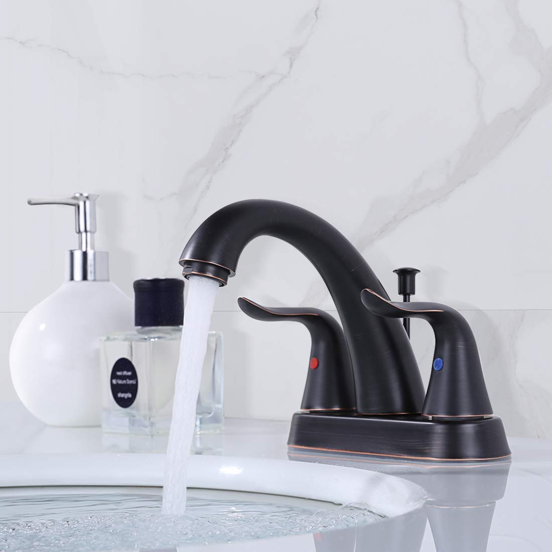WOWOW Bathroom Faucet 4 inch Centerset Oiled Rubbed Bronze Bathroom Sink Faucet Lift Rod Drain Assembly Stainless Steel Faucets for Bathroom Faucet Retro Lavatory