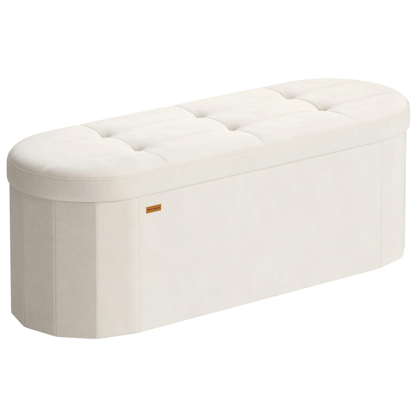 SONGMICS Mazie Collection - Folding Ottoman with Storage, Oval Storage Ottoman Bench, for Living Room, Bedroom, Velvet Fabric, 15 x 43 x 15 Inches, Cream White ULSF297LH01