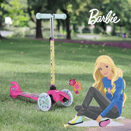 Barbie Self Balancing Kick Scooter with Light Up Wheels, Extra Wide Deck, 3 Wheel Platform, Foot Activated Brake, 75 lbs Limit, Kids & Toddlers Girls or Boys, for Ages 3 and Up