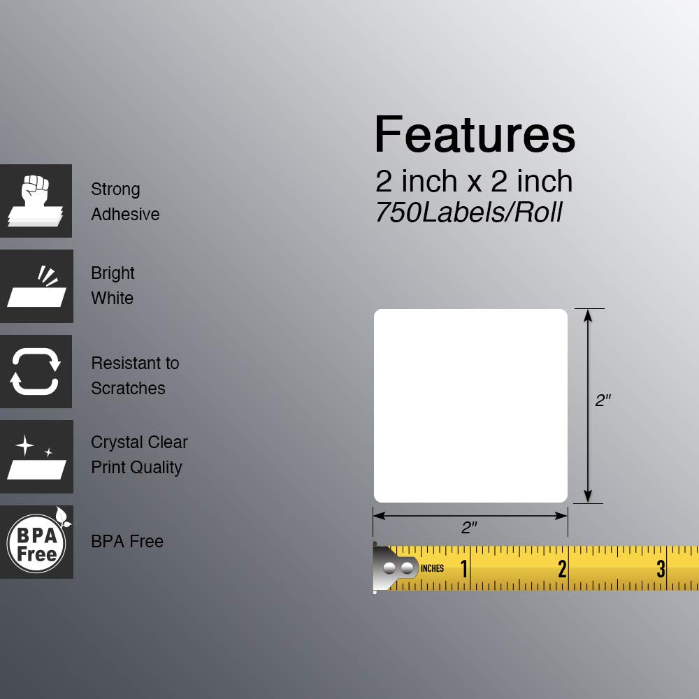 BETCKEY - 2" x 2" (51 mm x 51 mm) Square Labels Compatible with Zebra & Rollo Label Printer,Premium Adhesive & Perforated [16 Rolls, 12000 Labels]