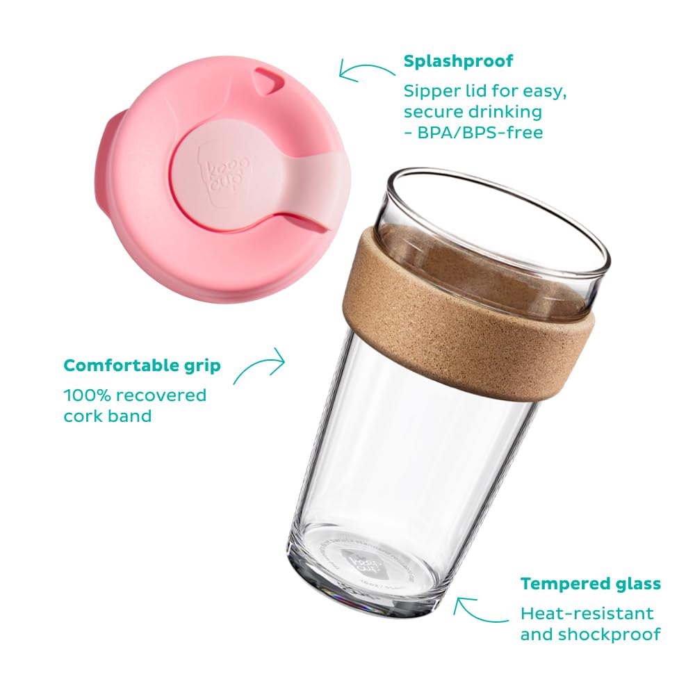 KeepCup Brew Cork, Reusable Glass Tumbler with Natural Cork, Grande Coffee Cup 16oz / 454ml - Deep