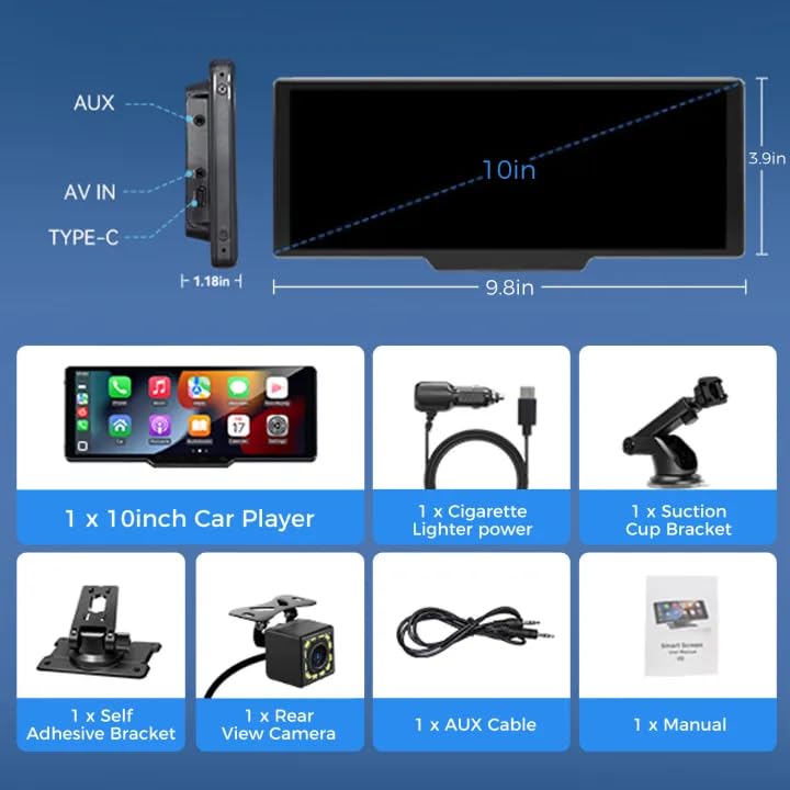 Portable Carplay Screen for Car, 10.26" Wireless Carplay Car Stereo & Android Auto Car Play Touchscreen with 1080P Backup Camera,GPS Navigation,Voice Control,5.0 Bluetooth (10.26inch)