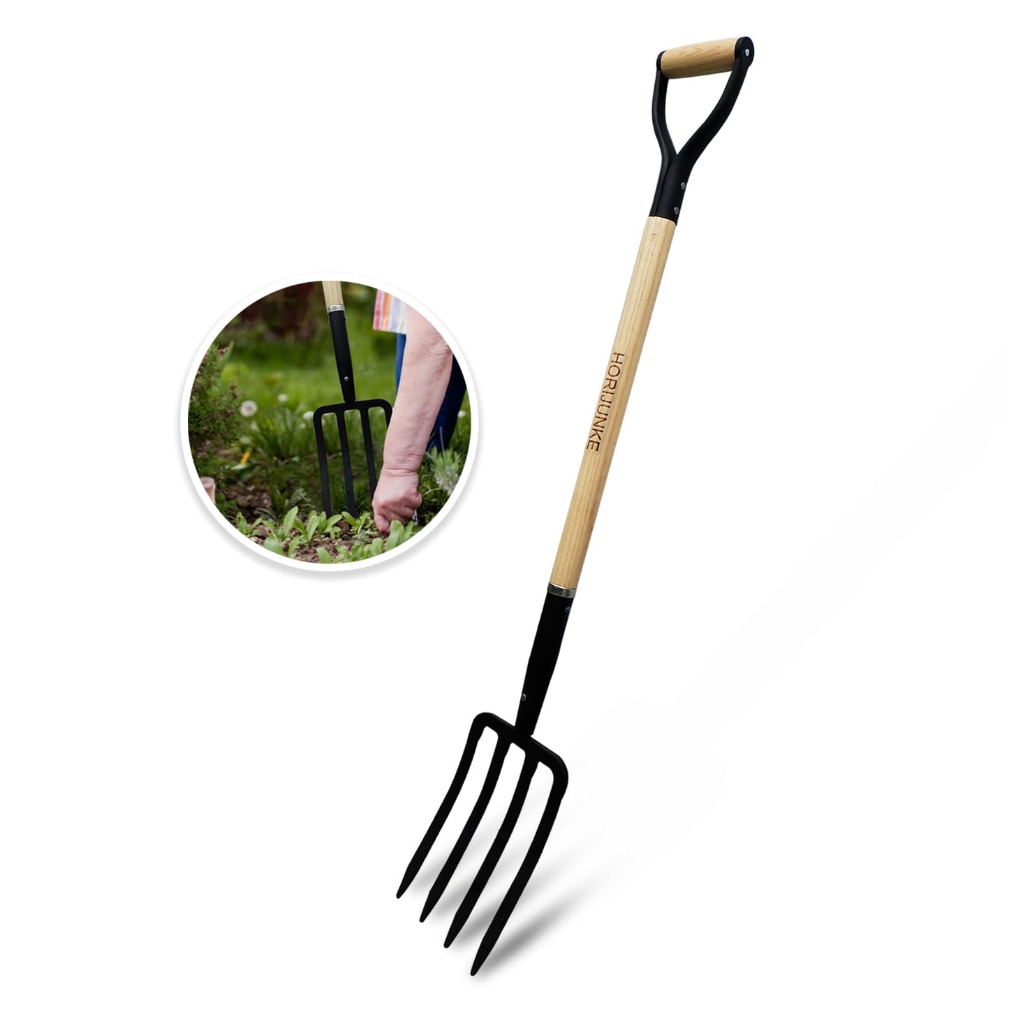 HORIJUNKE Garden Fork,4-Tine Pitchfork,Spading Digging Fork,Forged Steel Y-Grip, Wood Handel,45Inch
