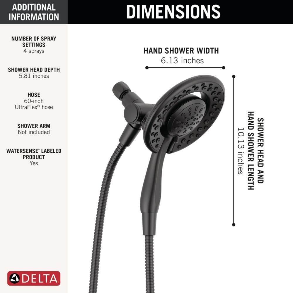 Delta 4-Setting In2ition 2-in-1 Dual Shower Head with HandHeld Spray, Matte Black Detachable Shower Head with Hose, Showerhead, 1.75 GPM Flow Rate, Matte Black 75486CBL