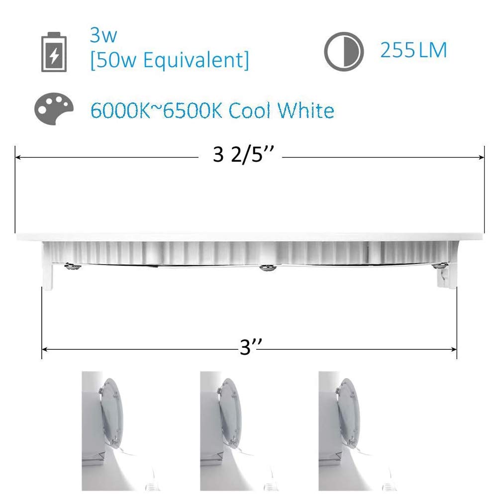 HMINLED 3 Inch 3 Watt Ultra-Thin Recessed Ceiling Light, 255Lm Energy Saving LED Slim Round Downlight, 6000K~6500K Cold White, Pack of 10